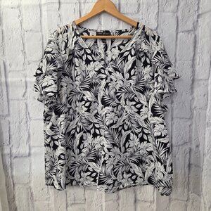 Lane Bryant 16 Black White Leaf Print V Neck Ruffle Short Sleeve Summer Blouse